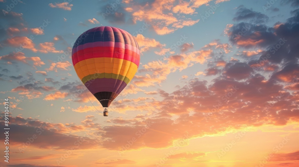 A vibrant hot air balloon floats gracefully in a colorful sky at sunset. Perfect for travel, adventure, and leisure themes. A vibrant hot air balloon floats gracefully in a colorful sky at sunset. Perfect for travel, adventure, and leisure themes.