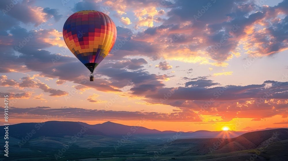 A vibrant hot air balloon floats against a stunning sunset, illuminating the sky with colors over serene landscapes.