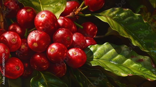 Wallpaper Mural Sunlit Coffee Cherries: Hyper-Detailed Macro Close-Up in Lush Green Setting with Rich Texture and Vivid Colors Torontodigital.ca