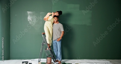 Fotografie Couple, people and happy with painting wall for house renovations, upgrade and bonding