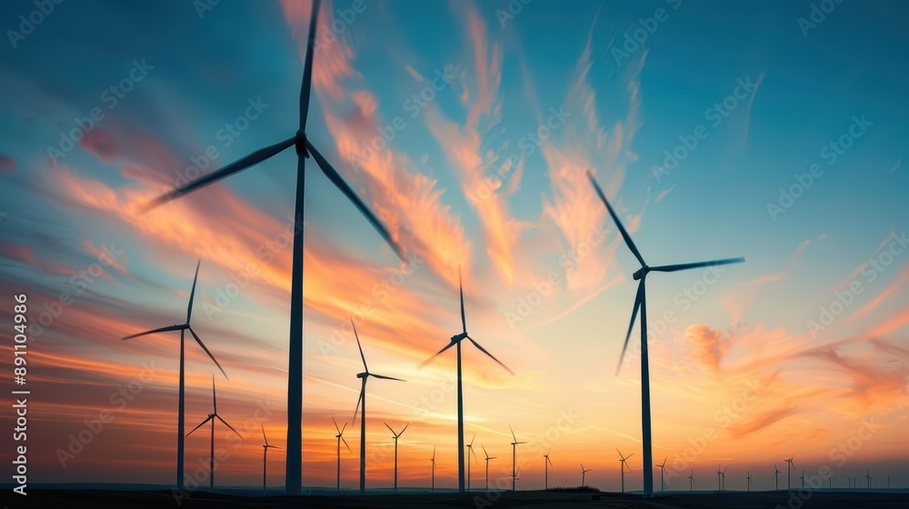 Obraz premium Wind turbines silhouetted against a vibrant sunset sky.