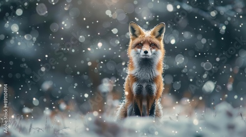 Red fox sitting in a snowy forest, looking at the camera.