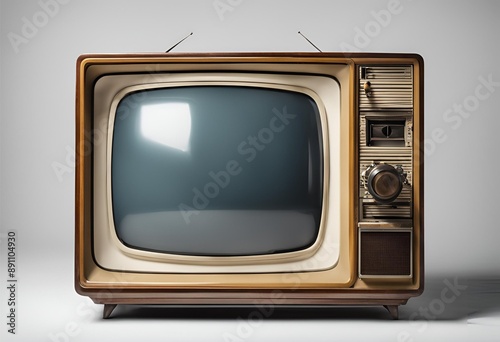 An old vintage retro TV television set with a blank screen, isolated on a white background, perfect for nostalgic home decor and antique collections.