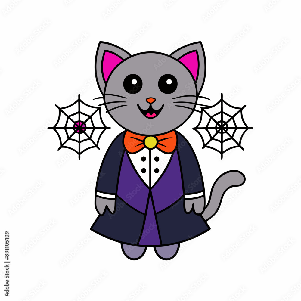Vector illustration of a cute cat in a vampire costume with tiny fangs and festive elements like spiders and webs on a white background Vector illustration of a cute cat in a vampire costume with tiny fangs and festive elements like spiders and webs on a white background