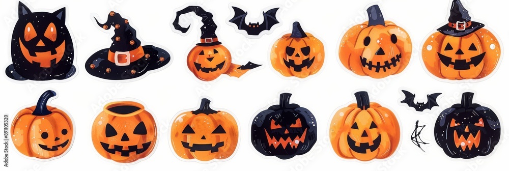 Obraz premium Vibrant Collection of Rhinestone Halloween Stickers Featuring Glittery Pumpkins, Bats, and Spiders on a Stark White Background