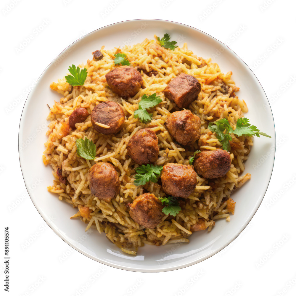 Soya chunks briyani on white plate top view isolated on transparent background Soya chunks briyani on white plate top view isolated on transparent background