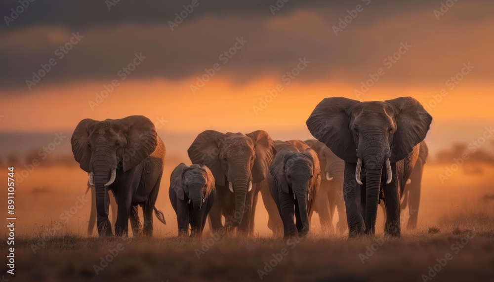 Fototapeta premium A herd of elephants walks through the African savanna at sunset.