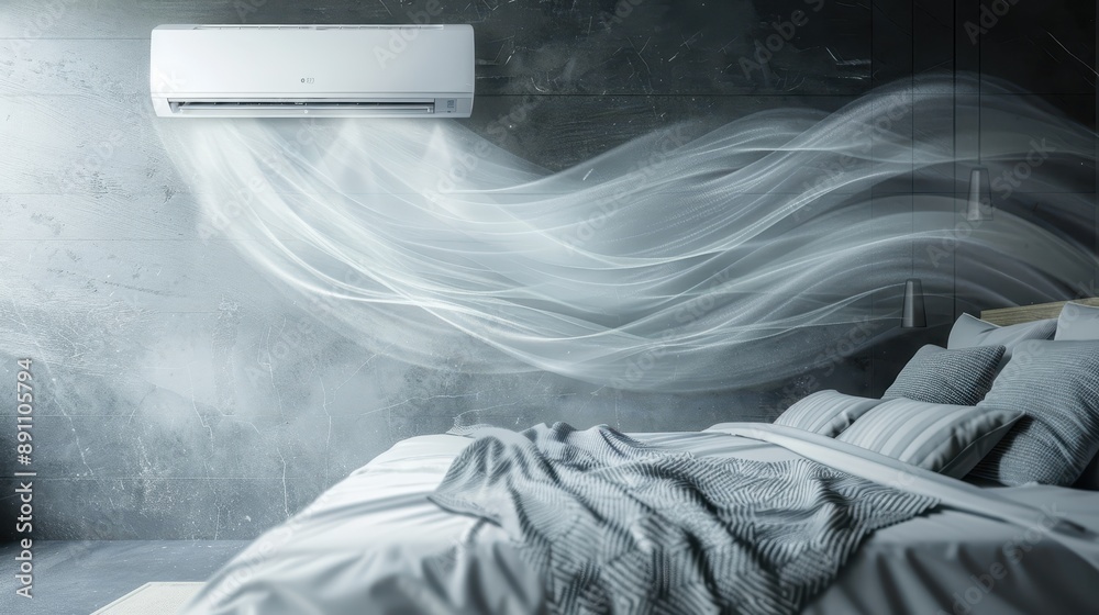 A bedroom with a white bed and a plant on a table. The air conditioner is blowing out steam, creating a humid atmosphere A bedroom with a white bed and a plant on a table. The air conditioner is blowing out steam, creating a humid atmosphere