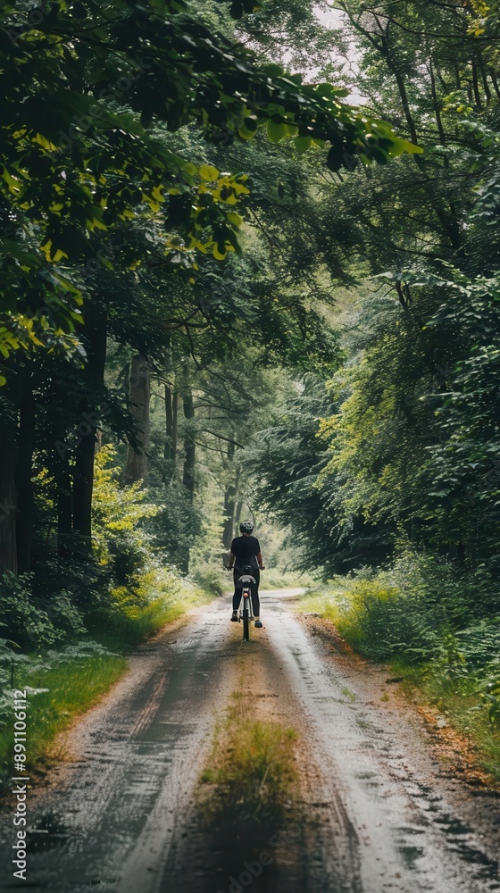 Fototapeta premium A cyclist rides on a serene forest path surrounded by lush greenery and tall trees, showcasing nature's beauty and tranquility.