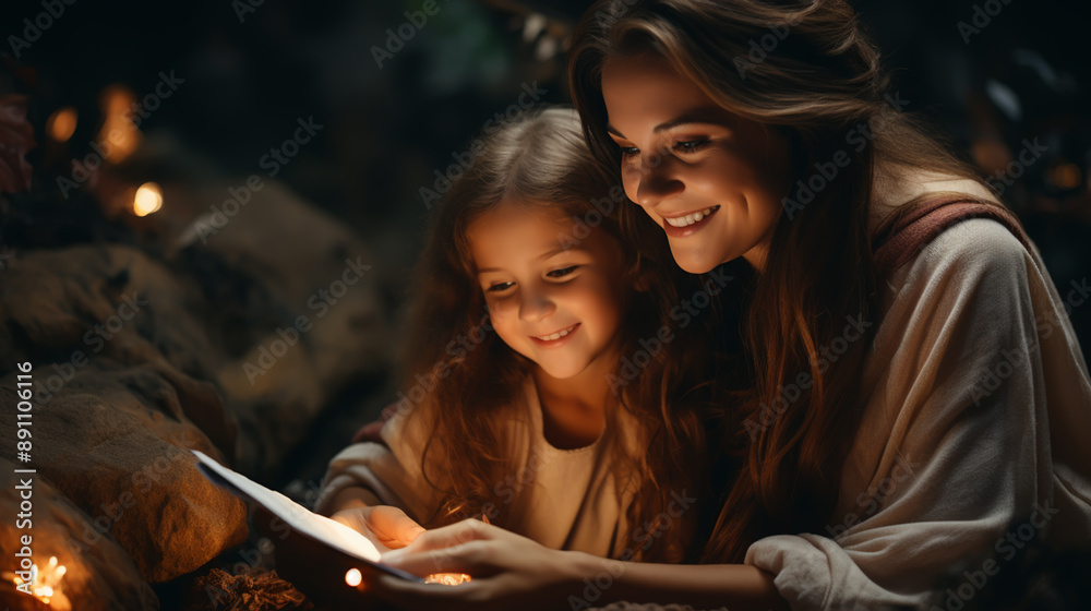 mother and child girl reading a book in bed before going to sleep mother and child girl reading a book in bed before going to sleep
