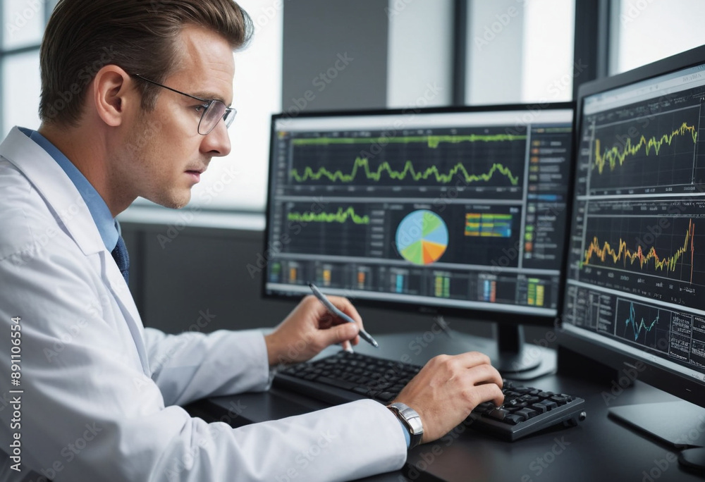 A scientist analyzing environmental data on a sleek computer screen. A scientist analyzing environmental data on a sleek computer screen.