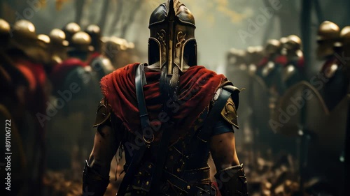 Warrior leading army through forest