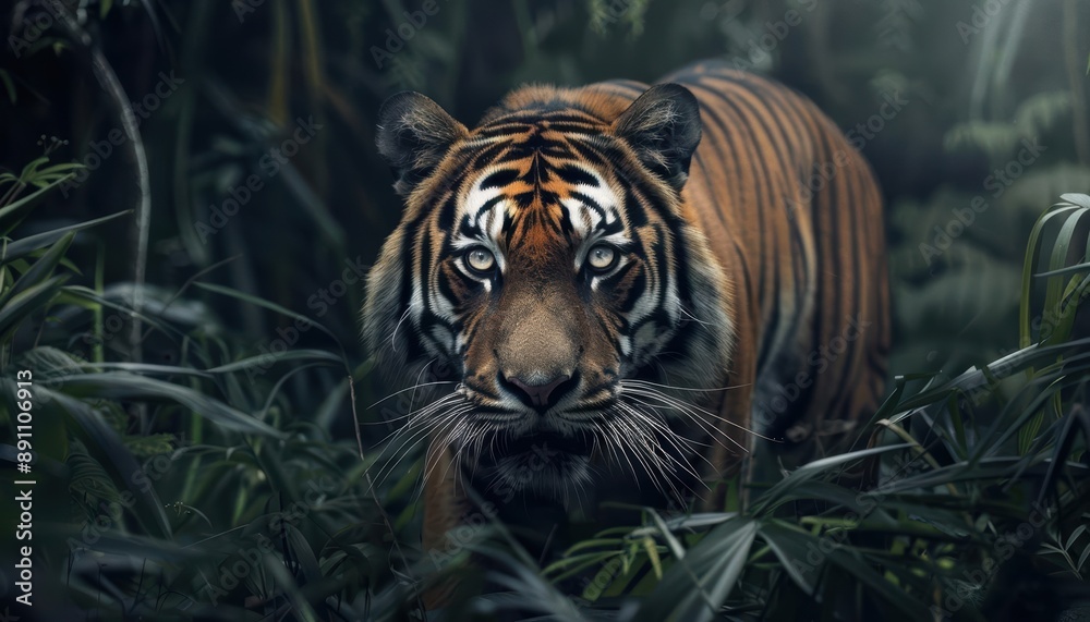 Close-up of a tiger's face peering through green foliage. Close-up of a tiger's face peering through green foliage.