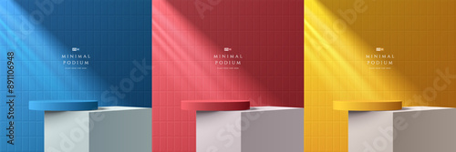 Set of 3D red, blue and yellow podium on white cube desk tables background. Abstract composition in minimalist design. 3D studio display showroom product pedestal, Fashion stage showcase mockup scene.