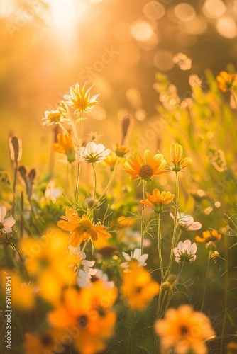 Close up of a field of yellow and white wildflowers with a warm golden sunlight in the background