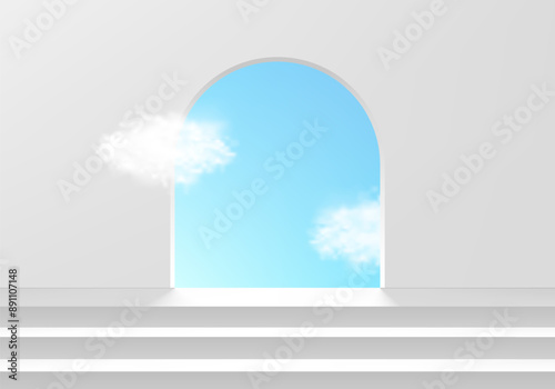 3D white stair product podium background with blue sky in arch gate. Abstract composition in minimalist design. Studio display showroom cosmetic product pedestal, Fashion stage showcase mockup scene.