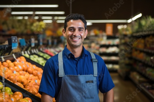 Smiling latino cashier in supermarket adult entrepreneur consumerism. .