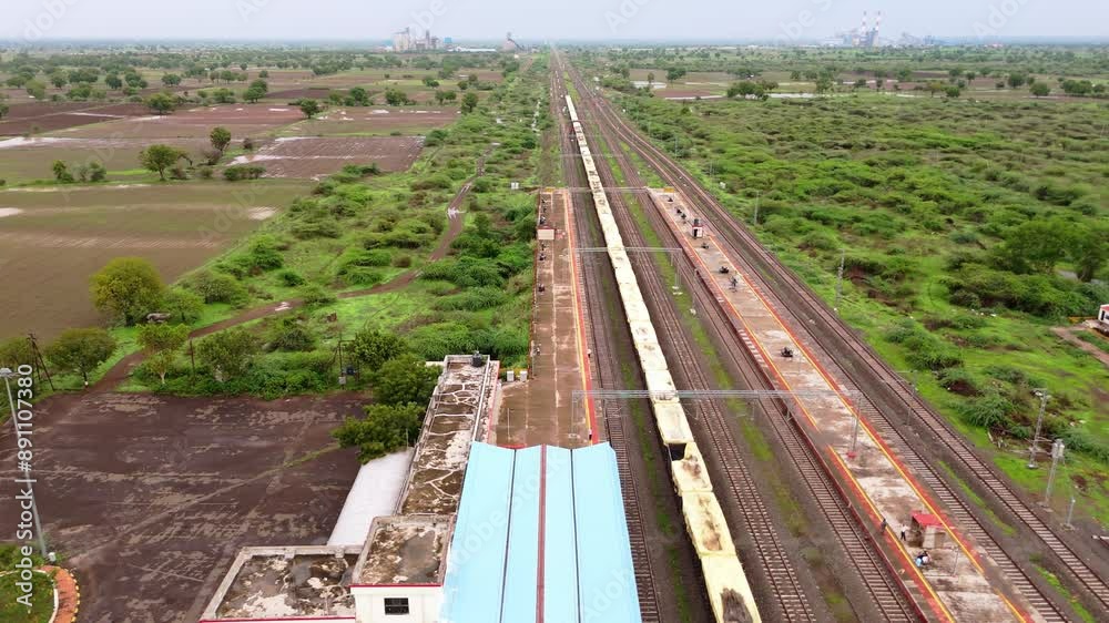 Aerial view of cargo train running Aerial view of cargo train running