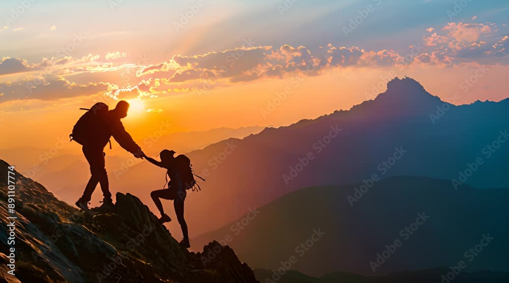 A man is helping another person up from the bottom of a peak, with mountains and sunset in the background. A man is helping another person up from the bottom of a peak, with mountains and sunset in the background.