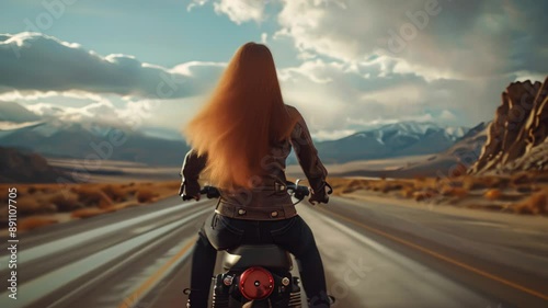 Woman riding motorcycle on desert road photo