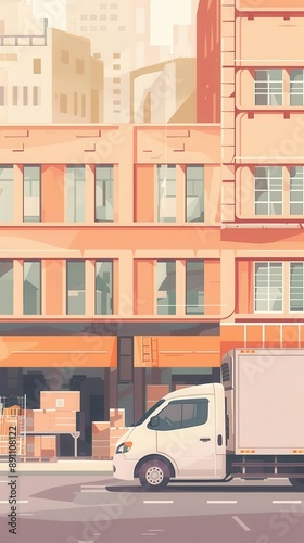 A delivery truck parked in front of a warehouse with stacks of boxes, showcasing urban logistics and transportation.