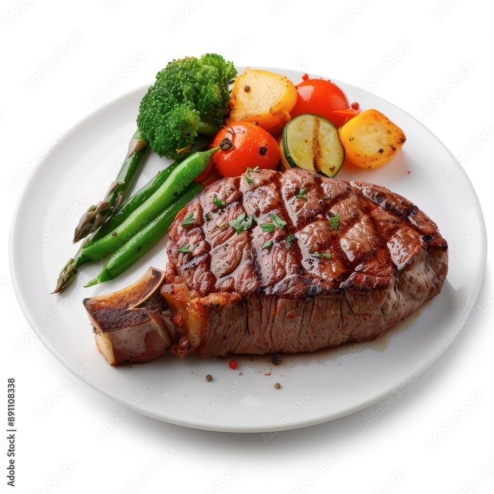 A perfectly seared steak with side vegetables, classic meal, realistic, isolated on white background A perfectly seared steak with side vegetables, classic meal, realistic, isolated on white background