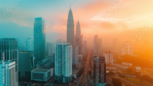 A cityscape with orange lights illuminating the buildings. Scene is warm and inviting, with the orange lights creating a cozy atmosphere © Media Srock