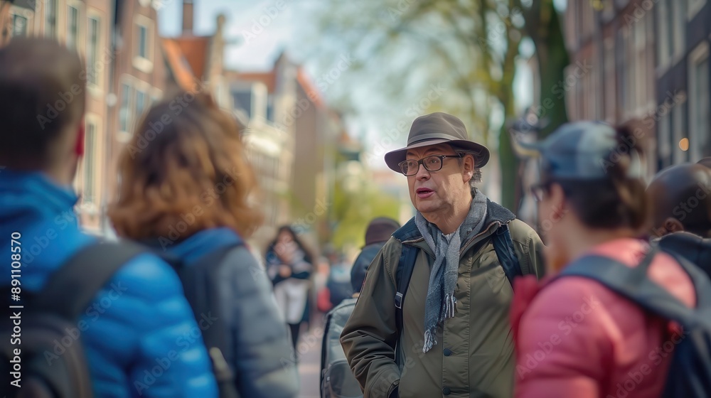 A guided tour group in a historical city center A guided tour group in a historical city center