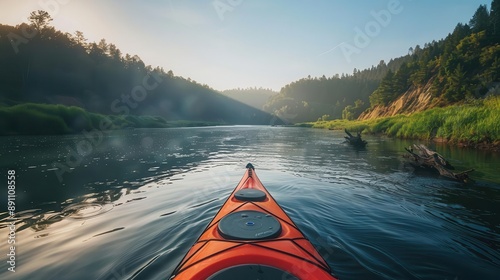 A serene view from a kayak on a tranquil river, surrounded by lush greenery and soft morning light reflecting on the water's surface.