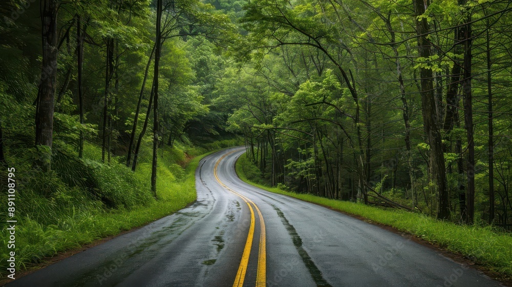 A winding road meanders through a lush, green forest, inviting exploration and tranquility among nature's beauty. A winding road meanders through a lush, green forest, inviting exploration and tranquility among nature's beauty.