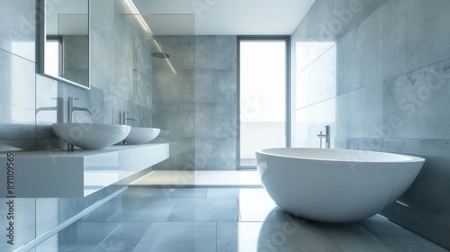 A white bathtub with a blue wall and a window in the background. The bathroom is clean and well-maintained