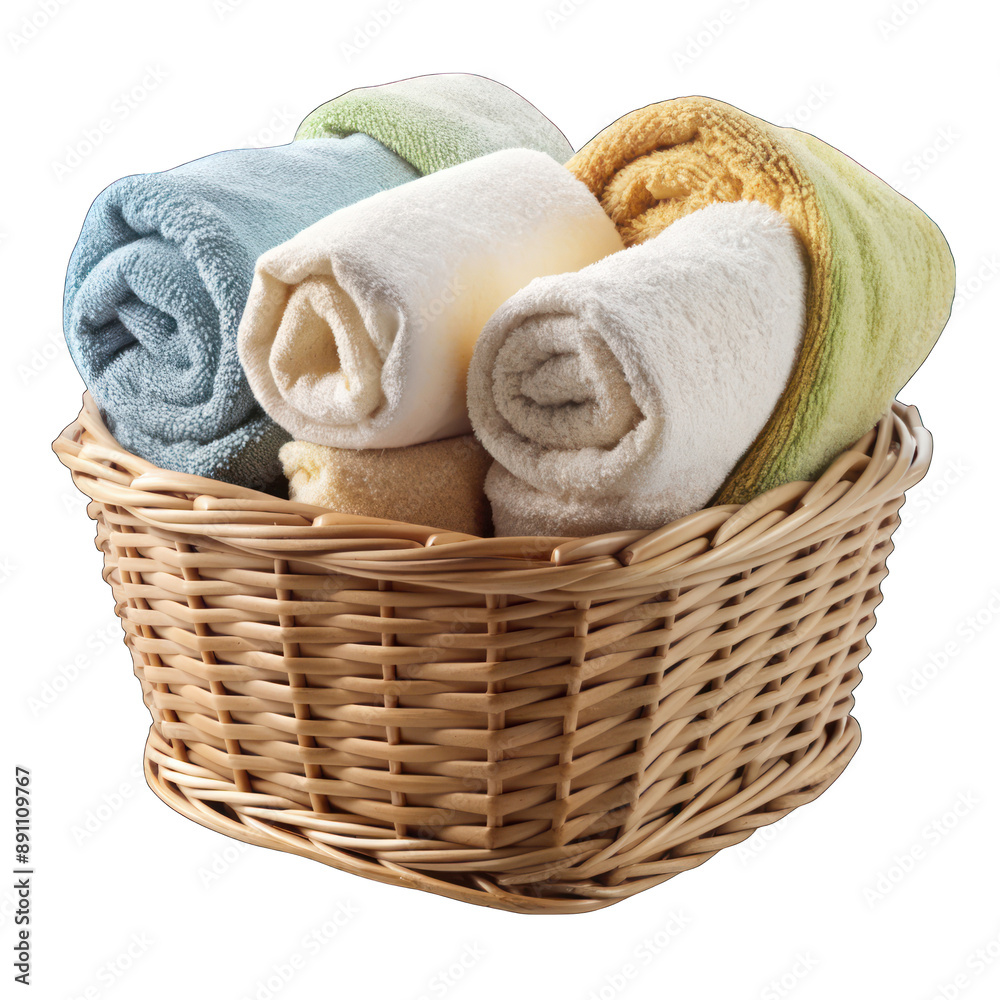 Soft and fluffy towels in a basket isolated on transparent background Soft and fluffy towels in a basket isolated on transparent background