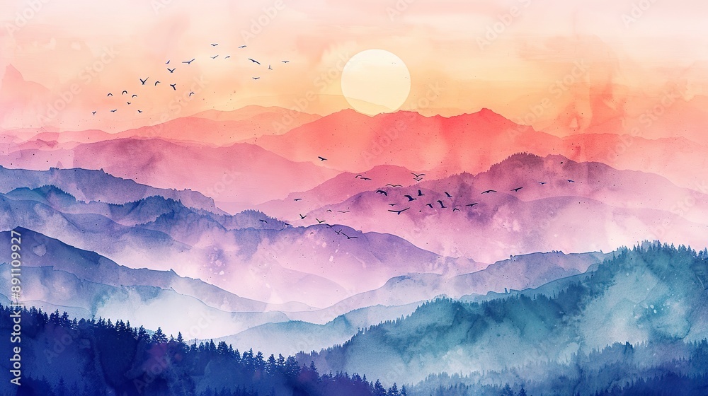 watercolor painting of Misty mountains with gentle slopes and flock of birds in sunrise sky watercolor painting of Misty mountains with gentle slopes and flock of birds in sunrise sky