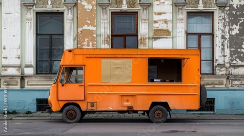 Orange Food Truck Parked In Front Of Building