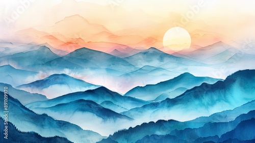 Watercolor landscape depicting serene sunrise over misty mountain layers 