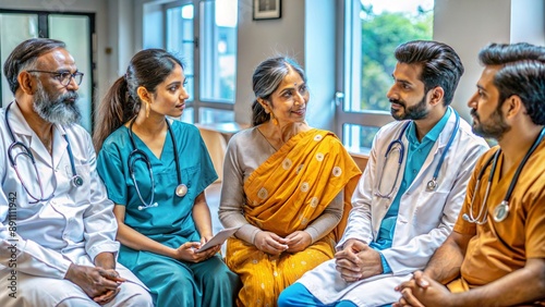 Patients discuss problems doctors Diverse origin in a hospital powder blue brown Indian