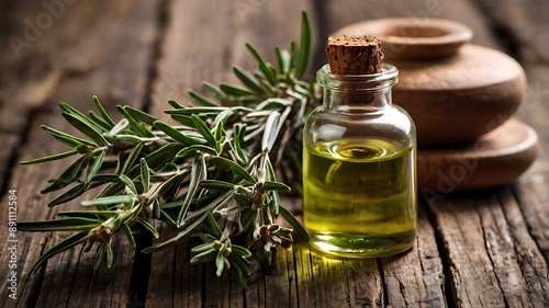 Rosemary essential oil and fresh rosemary