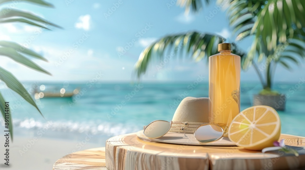 Obraz premium A wooden podium showcasing summer products such as sunglasses, sunscreen, and a beach hat, set against a backdrop of a sunny tropical beach.