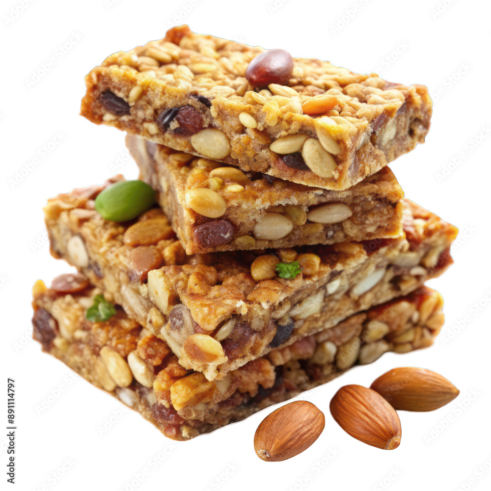 Stack of nutritious granola bars with nuts isolated on transparent background Stack of nutritious granola bars with nuts isolated on transparent background