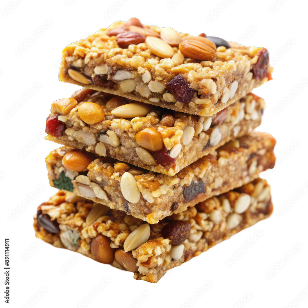 Stack of nutritious granola bars with nuts isolated on transparent background Stack of nutritious granola bars with nuts isolated on transparent background