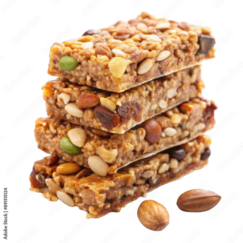 Stack of nutritious granola bars with nuts isolated on transparent background Stack of nutritious granola bars with nuts isolated on transparent background