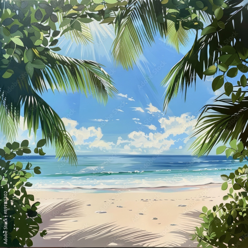 Obraz premium A serene tropical beach with white sand stretching into the distance, framed by palm tree leaves and bathed in warm sunlight.