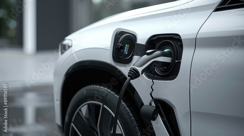 Close-up of an electric car being charged with a plug inserted into the charging port.