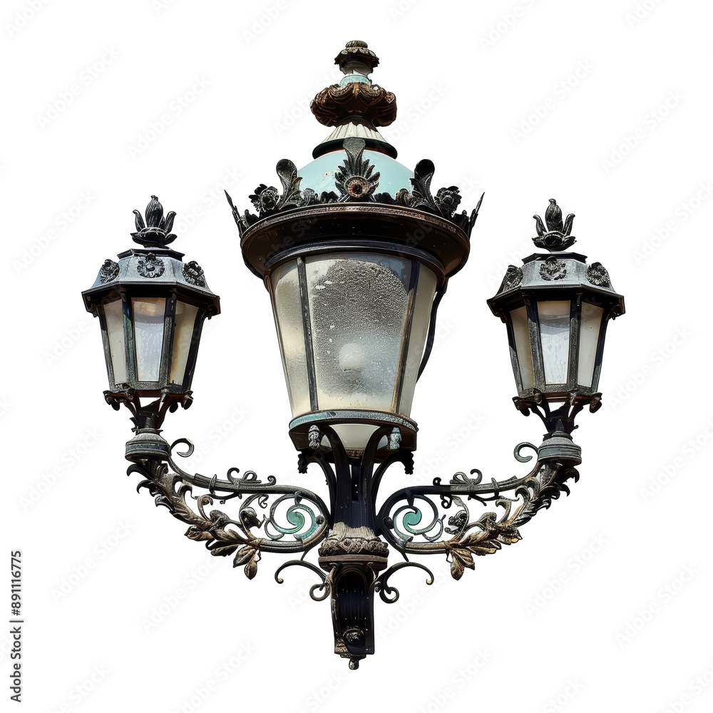 Classic street lamp with three lanterns and ornate ironwork, isolated on white. Perfect for vintage and historic themes. Classic street lamp with three lanterns and ornate ironwork, isolated on white. Perfect for vintage and historic themes.