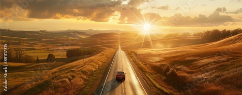 Driving on an empty highway at sunset with a view of the open road, sky, and horizon. photo