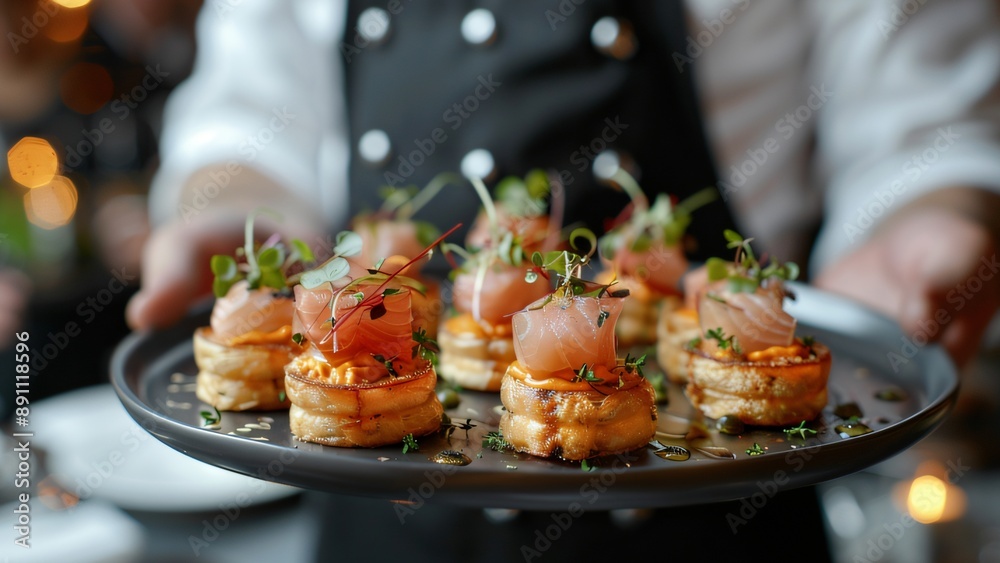 A chef presenting a platter of beautifully arranged gourmet canapés topped with smoked salmon and fresh herbs, perfect for a fancy event. A chef presenting a platter of beautifully arranged gourmet canapés topped with smoked salmon and fresh herbs, perfect for a fancy event.