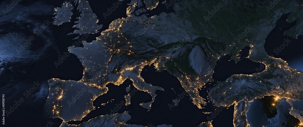 A stunning satellite view of Europe at night, showcasing illuminated cities and the continent's geographical features A stunning satellite view of Europe at night, showcasing illuminated cities and the continent's geographical features