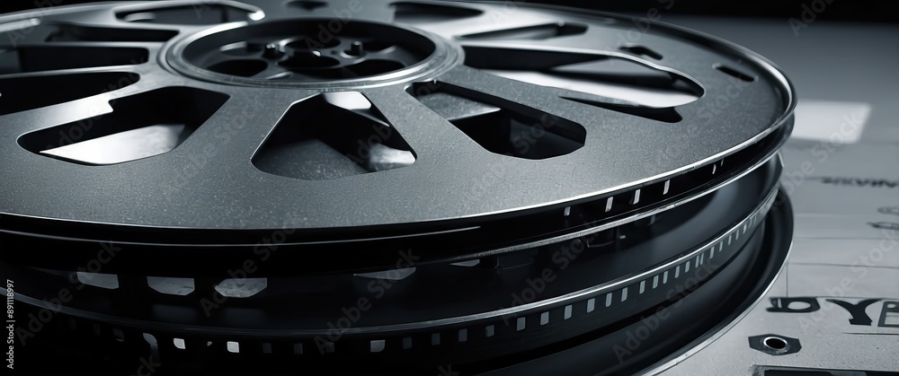 Obraz premium Close up of a vintage film reel, capturing the essence of cinema and storytelling in a nostalgic, artistic atmosphere
