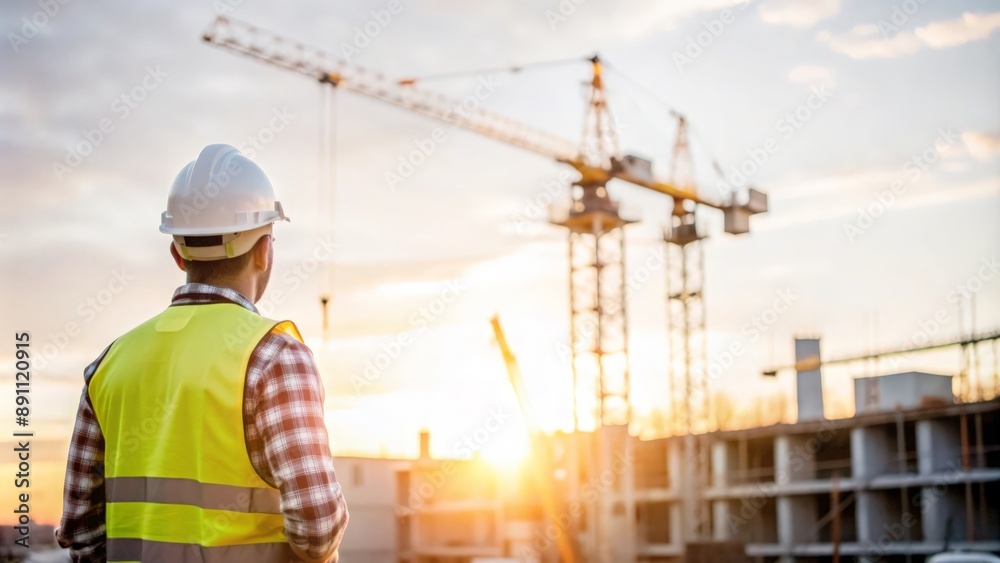 An engineer at a construction site during sunset, with equipment and structures in the backdrop. An engineer at a construction site during sunset, with equipment and structures in the backdrop.