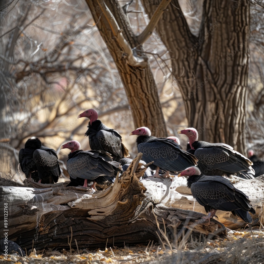 Fototapeta premium A group of turkey vultures gathered around a carcass By Generated AI